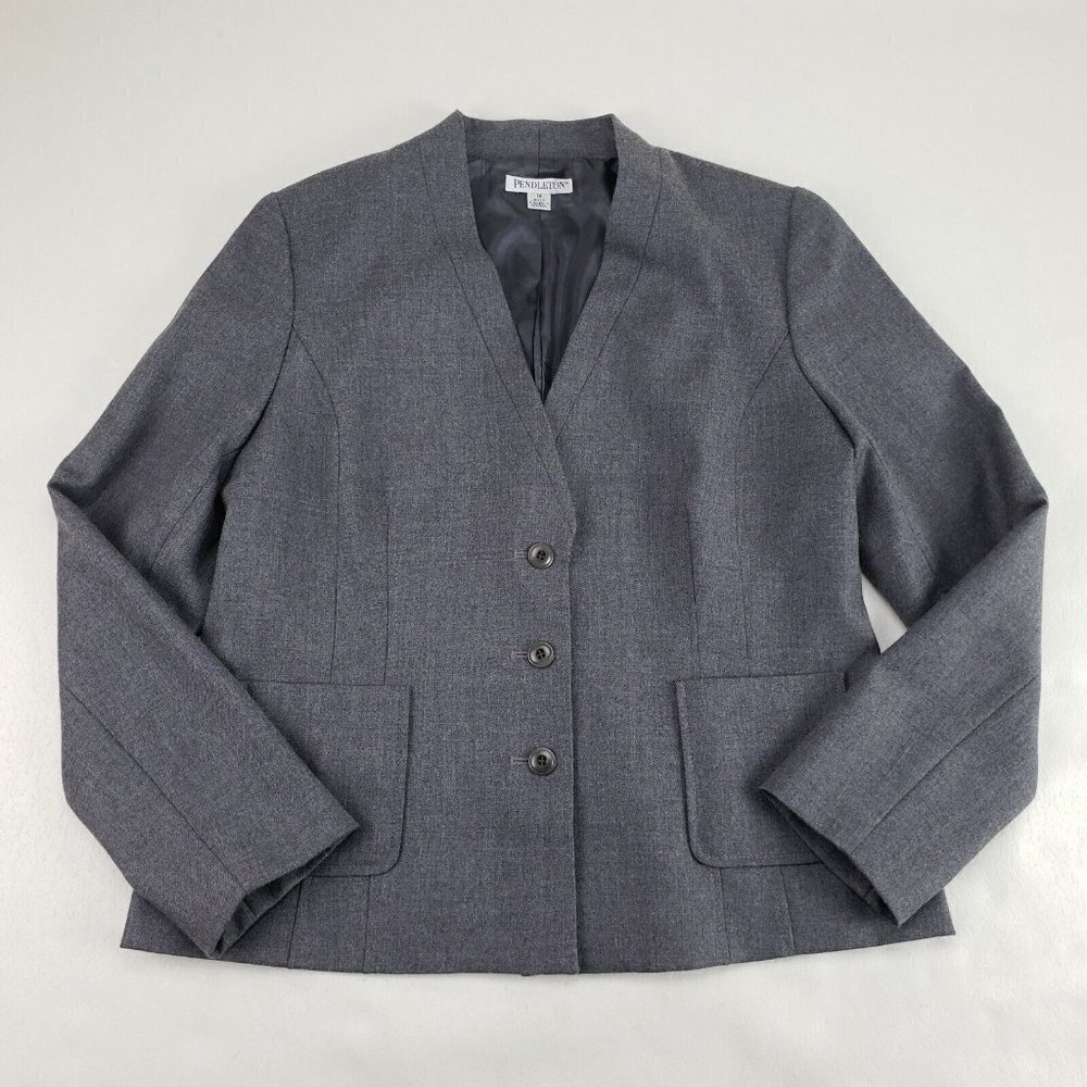 Pendleton 100% Virgin Wool Blazer Womens 14 Gray Lined Button Front Jacket